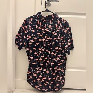 Black short sleeve button up shirt from Old Navy with pink flamingos.